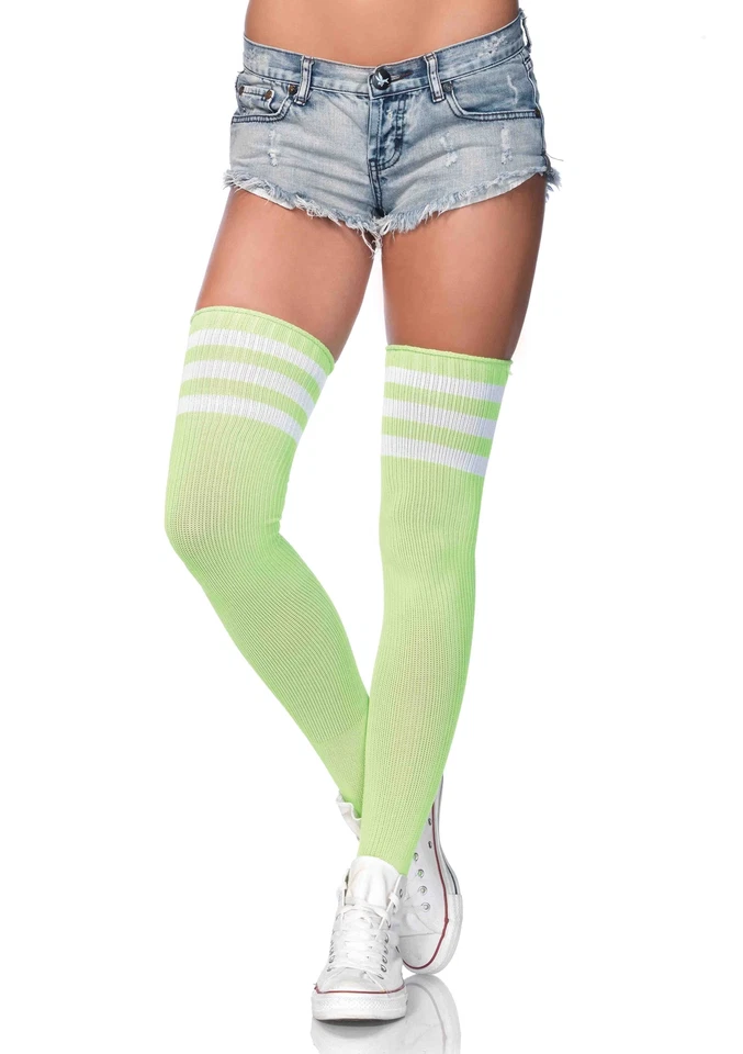 Leg Avenue 6605 Athlete Thigh Hi W/ 3 Stripe Top Neon Green - Image 1 of 1