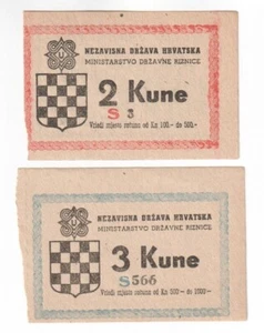 Independent State of Croatia (1941-45) NDH Emergency 2 and 3 Kune Treasury notes - Picture 1 of 2