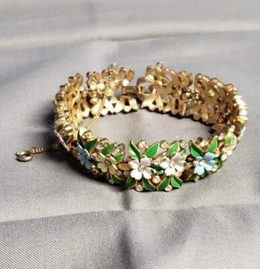PRECIOSA PULSERA DE JARDÍN DE FLORES PASTEL ESMALTE Y DIAMANTES DE IMITACIÓN FIRMADA CORONA TRIFARI - Imagen 1 de 11