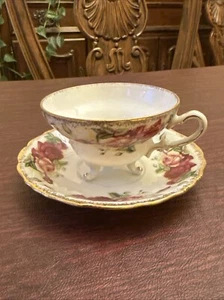 Haviland Tea Cup & Saucer, Footed, Porcelain Renaissance Urns of Flowers, Nice! - Picture 1 of 10