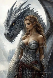 IMPRESIÓN ARTÍSTICA ÉPICA DE DRAGÓN GUERRERO, póster de mujer sexy, decoración de pared de fantasía medieval - Imagen 1 de 2