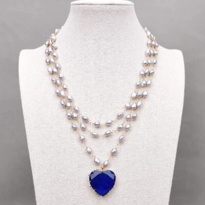 Collar de cadena de perlas Keshi grises de 18"" con colgante de cristal de cuarzo azul corazón 3 filas Foto 1 de 4