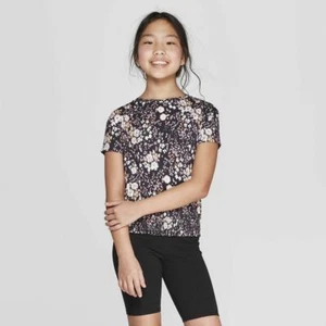Art Class Mädchen Kurzarm gesmoktes Unterteil Shirt (schwarz/geblümt) Neu mit Etikett - Bild 1 von 2