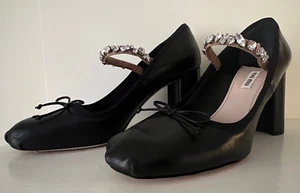 MIU MIU Crystal Pumps, Ballerina, Size 41/11 Black Leather, 3.5" Heels, With Box - Picture 1 of 12