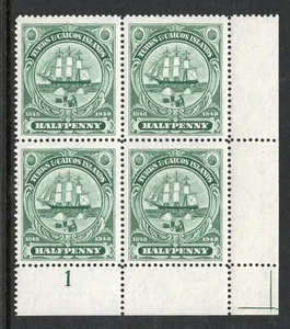 Turks & Caicos 1948 Centenary ½d Blue-green in Plate block SG 210 Mnh. (R1448) - Picture 1 of 1