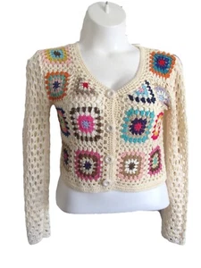 Shein Crocheted Button Front Multi Color Cropped Cardigan Sweater Size Medium - Picture 1 of 6