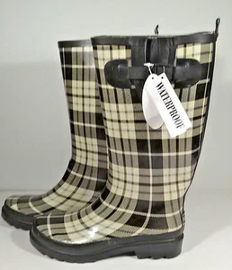 Womens Rain Boots Black Cream Tartan Plaid Sz 8 Rubber Waterproof 14" Tall New - Picture 1 of 11