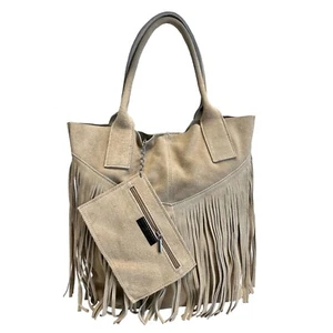 Borsa shopper da donna in vera pelle scamosciata con frangia più custodia - Picture 1 of 60