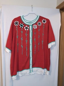 Bob Mackie Wearable Art Floral Knit Short Sleeve Button Up Shirt Size 1X - Picture 1 of 4