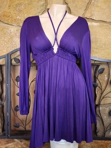 LUX LA Women Plunge Tie Front MEDIUM Short Purple Rayon Mini Dress Vtg Y2K  - Picture 1 of 6