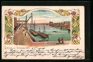 Lithographie Düsseldorf, Schiff im Rheinhafen 1901  - Picture 1 of 2