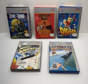 Time Lord, Marble Madness, Digger, World Games, Jordan NES CIB, lotto giochi x 5