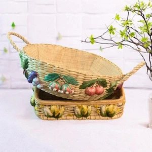 Vtg Raffia Decorated Woven Wicker Casserole Baskets Fruit Flowers Lined Easter - Picture 1 of 11