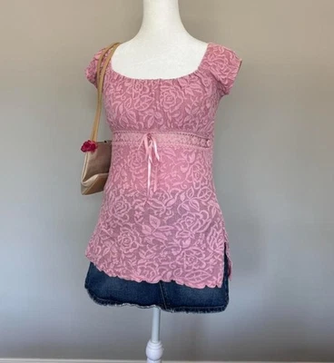 Винтажная детская розовая прозрачная розовая блузка с принтом лента салат отделка - Изображение 1 из 4