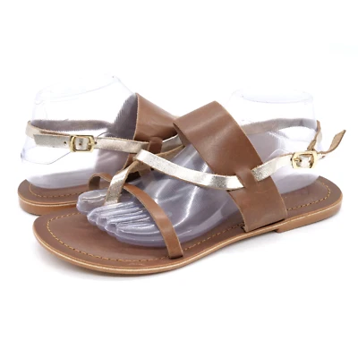 Sandalias Lane Bryant para mujer 10 anchas de cuero marrón con tira y tacón plano Foto 1 de 4