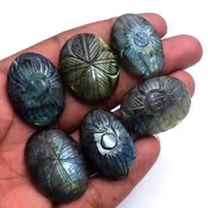 6 Pcs Natural Labradorite 30mm-34mm Oval Hand Carving Flashy Untreated Gemstones - Picture 1 of 8