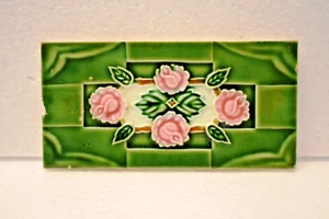 Vintage Ceramic Tile Saji Japan with Pink Roses and Green Back - Art Nouveau - Picture 1 of 5