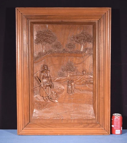 *Large French Antique Deep Carved Framed Panel in Solid Walnut Wood Breton Cover