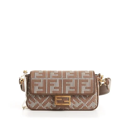 FENDI 3490$ Baguette Mediana - Bolso de Lana Pata de Gallo Marrón con Bordado FF Foto 1 de 4