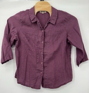 Camisa corta FLAX talla M Top lino abulón botón marrón 3/4 Slv Lagenlook playa - Imagen 1 de 7