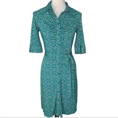 Laundry by Shelli Segal Green Print Belted Dress Button Up Knee Length Boho Sz 4 - Image 1 of 4