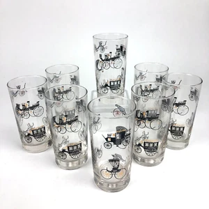 Vintage MCM Libbey schwarz & gold Buggy Autos Kutsche Barware Becher 8er Set - Bild 1 von 12