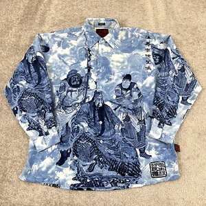 SOUTHPOLE Shirt Mens Large Blue Samurai Asian Dragon AOP Button Up Retro Y2K L/S - Picture 1 of 9