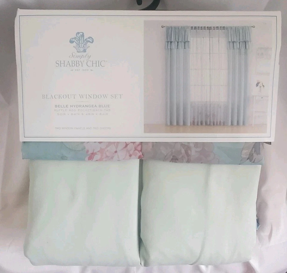4 curtain Simply Shabby Chic Window Set Hydrangea DUCK EGG Blue 50 in x 84 in - Image 1 of 2