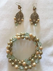 1928 Chandelier Ohrringe & Spulenarmband hellgold & aqua Modeschmuck - Bild 1 von 5