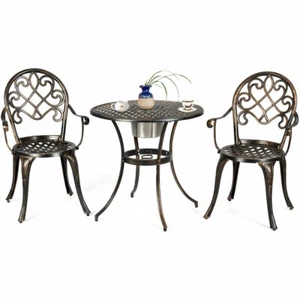 3PCS Outdoor Bistro Table Chairs Set Cast Aluminum w/ Removable Ice Bucket Patio - Picture 1 of 6