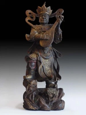 Antigua estatua china de madera de alcanfor guerrero deva rey Lokapala Buda 28”H 魔礼海 Foto 1 de 4
