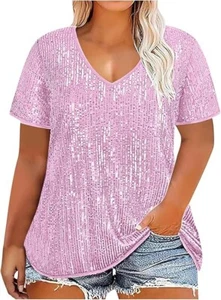 Women Pink V-Neck Sparkle Sequin Short Sleeve Casual Oversized Blouse Sz XXL 2XL - Picture 1 of 3