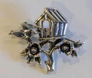 Vintage Sterling Silver Jewelart Bird with Birdhouse Brooch Pin Flowers - Picture 1 of 12