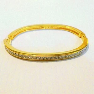 Gold Tone Clear Pave Rhinestone Hinged Bangle Bracelet - Picture 1 of 4