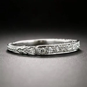 Antique Art Deco Wedding Band Ring Round Lab Created Diaond 14K White Gold FN - Picture 1 of 10