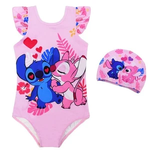 Girls Lilo&Stitch Cartoon Rash Guard 2 Pieces Swimsuits Hat Set UPF 50+ Swimwear - Picture 1 of 19