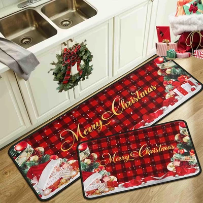 Buffalo Plaid Snow Red Christmas Kitchen Rugs and Mats Set of 2, Merry Christmas - Image 1 of 4