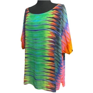 Vince Camuto Blouse 2X Semi Sheer Flowy Beach Cruise Top Colorful Art To Wear - Picture 1 of 11