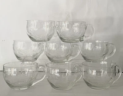 老式 20 世纪 60 年代 8 件套 ETCHED 水晶花叶图案 PUNCH BOWL CUPS — 第 1/4 张图片