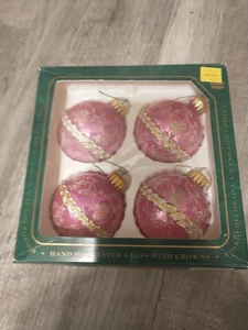 VTG 4 Krebs Victorian Lace Pink  Christmas Ornaments Floral Iridescent Glittered - Picture 1 of 6