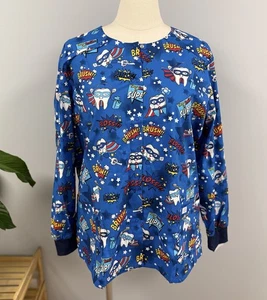 NWT Dickies Scrub Jacket 3X Blue Dental Super Hero Teeth Cotton Snap Scrubs 3XL - Picture 1 of 10