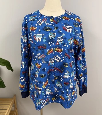 NWT Dickies Scrub Jacket 3X Blue Dental Super Hero Teeth Cotton Snap Scrubs 3XL - Image 1 of 4