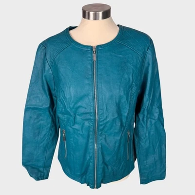 Alfani Large Faux Leather Teal Blue Full Zipper Jacket  - Image 1 of 4