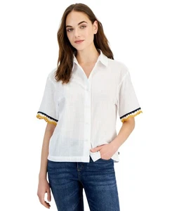 Nautica Jeans Women's Crochet-Trim Cotton Shirt (Bright White, Medium) - Picture 1 of 3