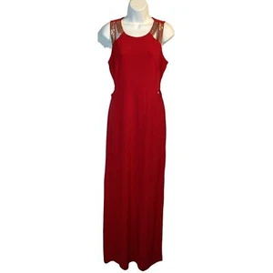 Guess Stretch Sleeveless Long Formal Evening Gown Red with Gold Stud Accents 8 - Picture 1 of 13