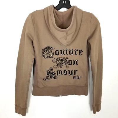 Juicy Couture Women Swarovski Rhinestone Zip Hoodie  Sz S Mon Amour Brown Y2K - Image 1 of 4