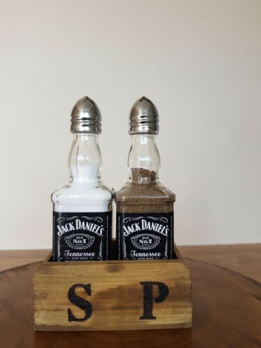 JACK DANIELS salt and pepper shakers in a wooden stand 