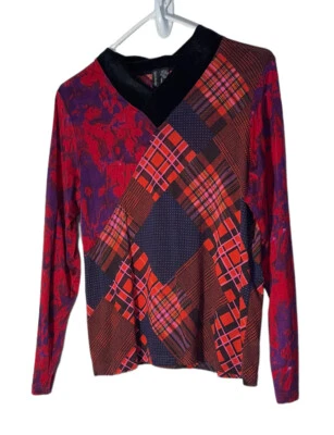 Lynn Ritchie 真丝混纺 V 领上衣,尺寸 L,紫色红色格子艺术穿 — 第 1/4 张图片