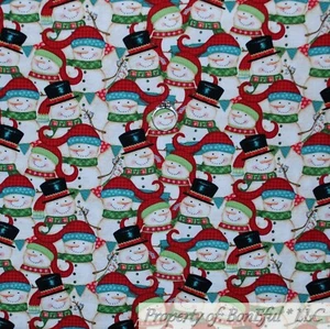 BonEful Fabric FQ Cotton Quilt White Snowman Red Green Holiday Xmas Calico Print - Picture 1 of 11
