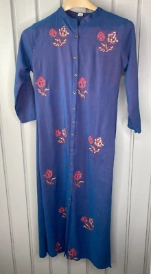Straight Kurta Indian Design Tunic Womens Size XS to Small Side Slits Blue - Image 1 of 4